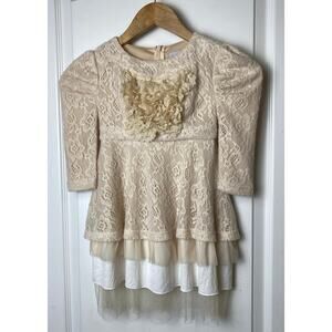 Dainty Jewell's Cream Embellished Lace Overlay Layered Ruffle Dress Size Small